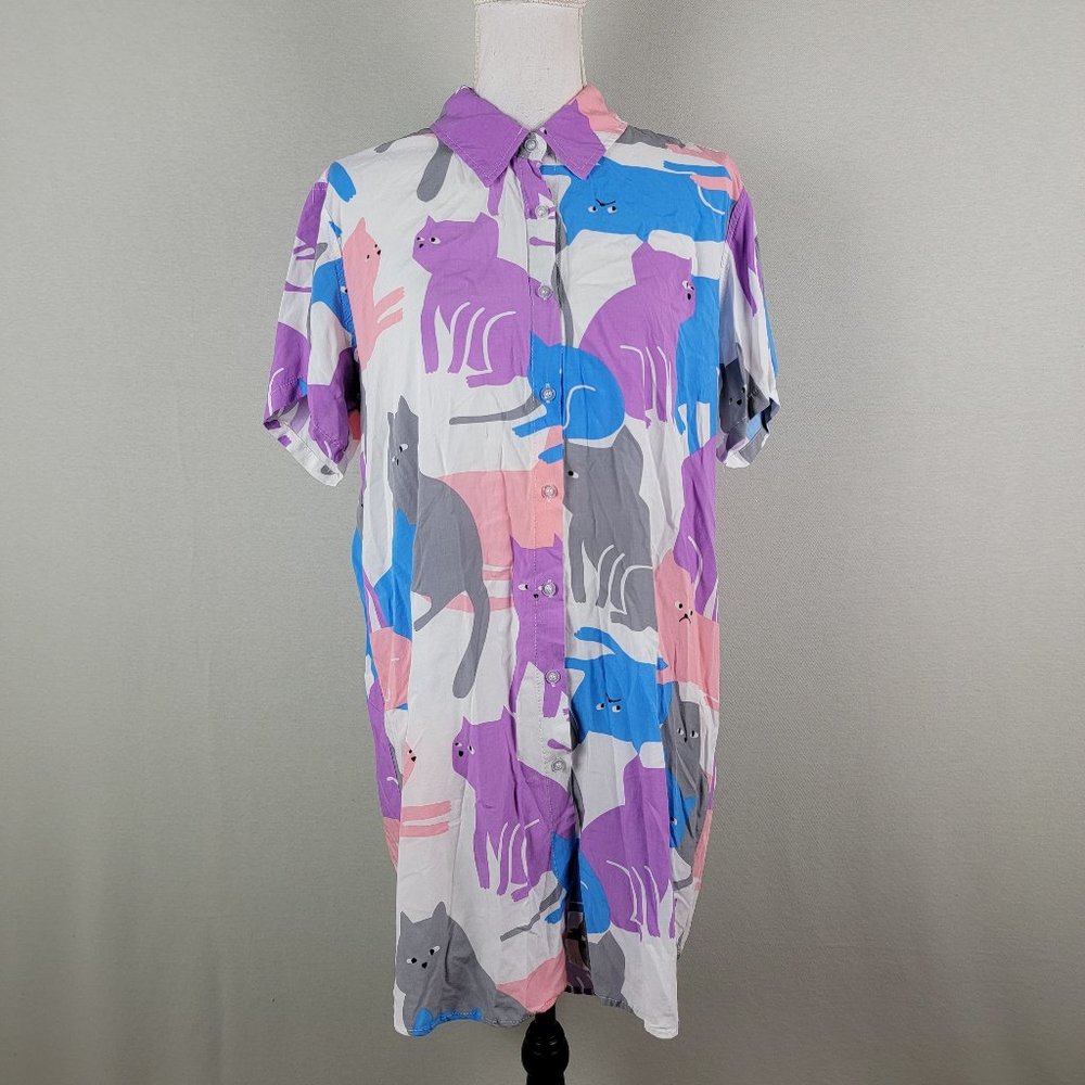 Cat Print Art Tunic Button Up Shirt Dress Short Sleeve Collar ABaday XXXL